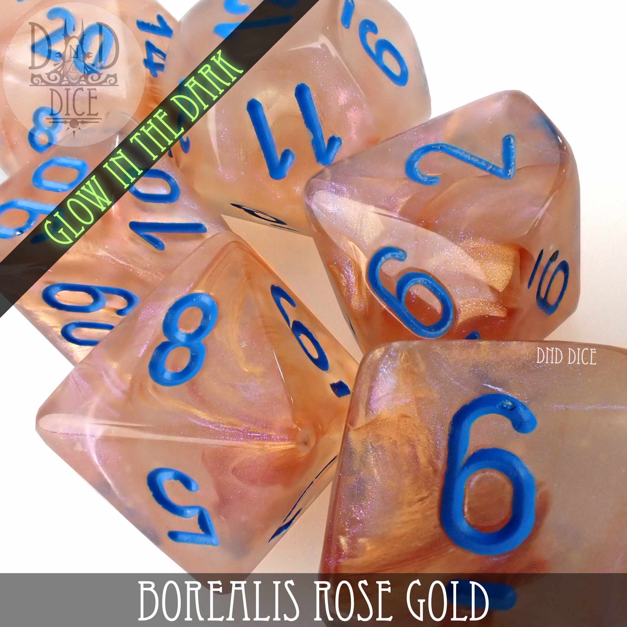 Borealis Rose Gold 8 Dice Set (Lab 5 Glow)