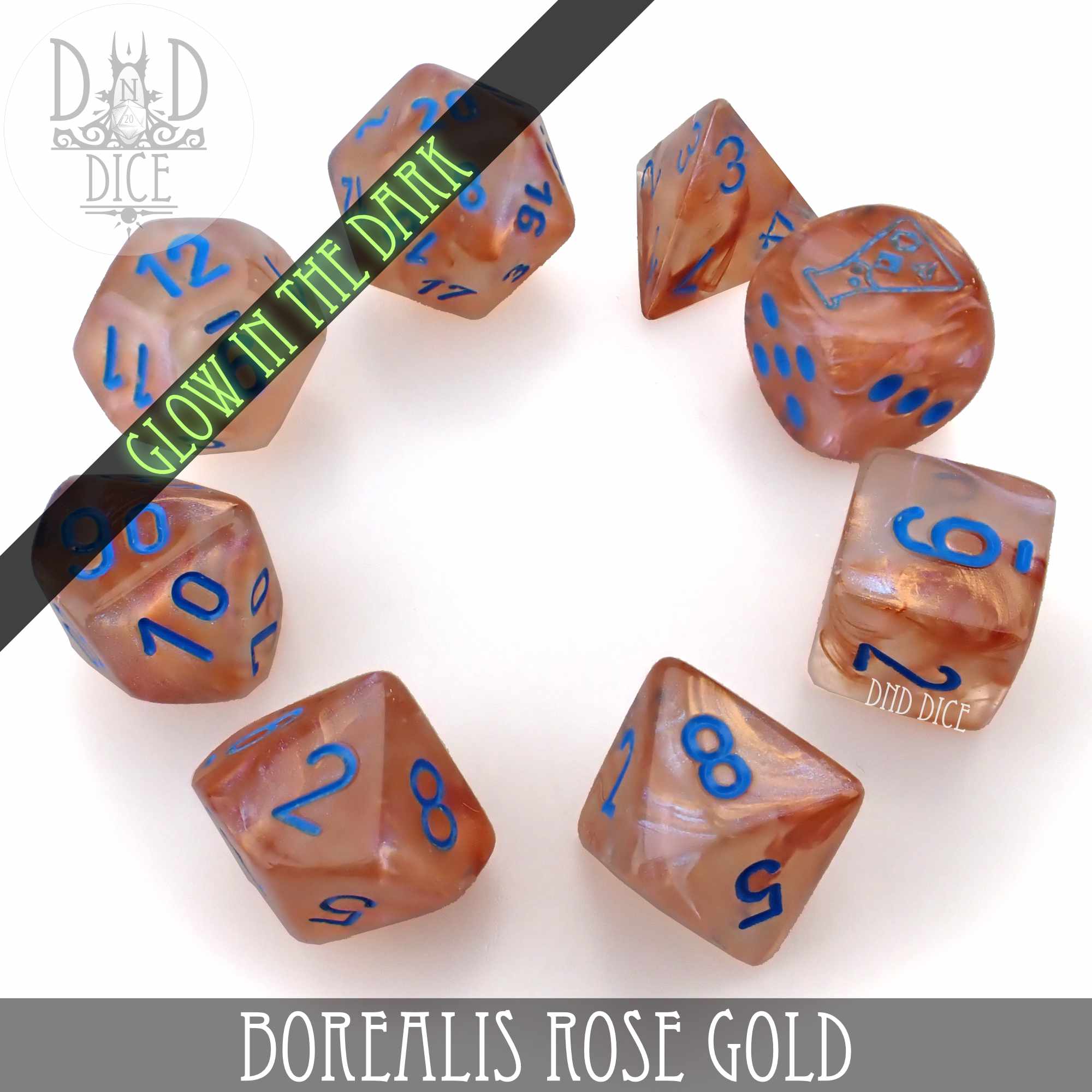 Borealis Rose Gold 8 Dice Set (Lab 5 Glow)