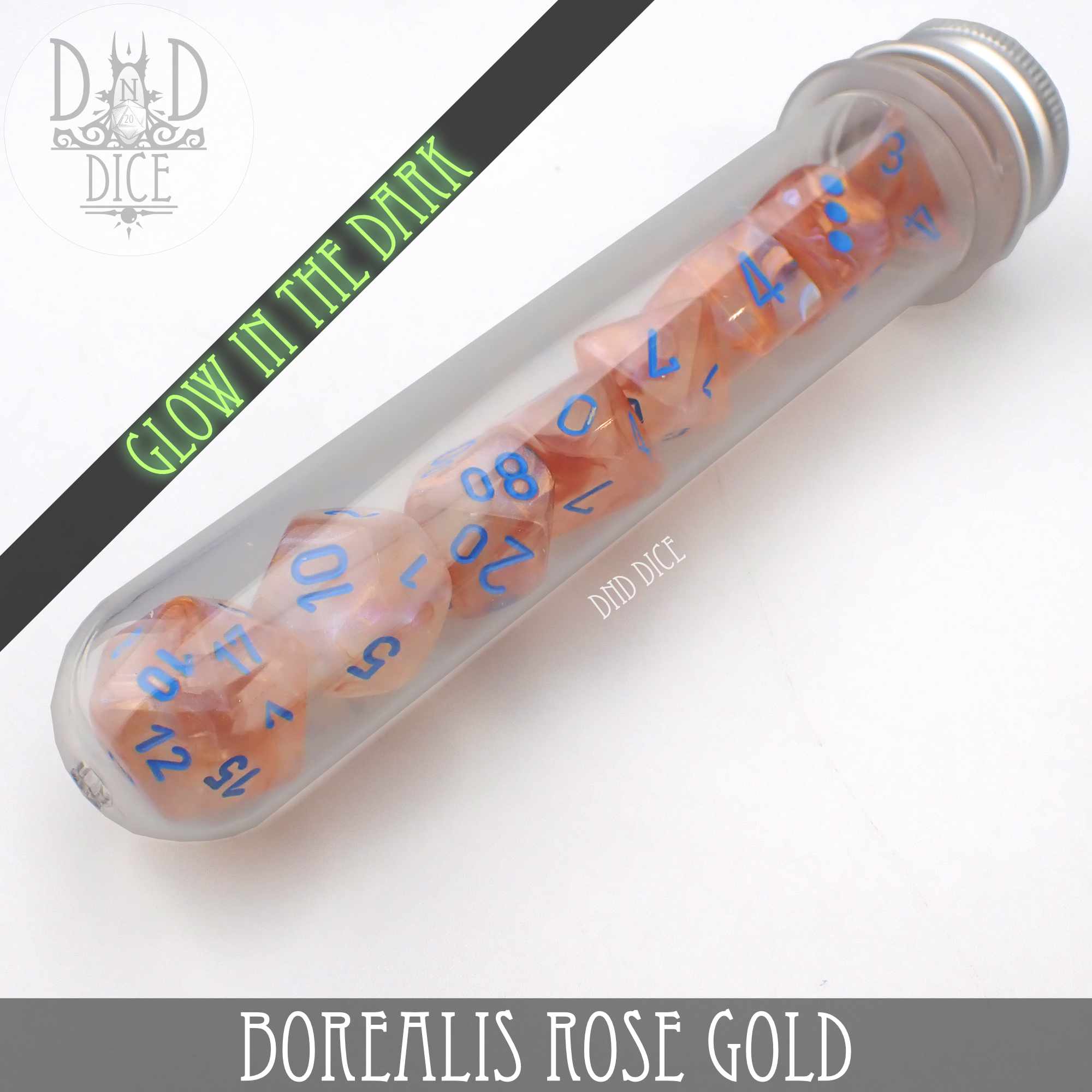 Borealis Rose Gold 8 Dice Set (Lab 5 Glow)