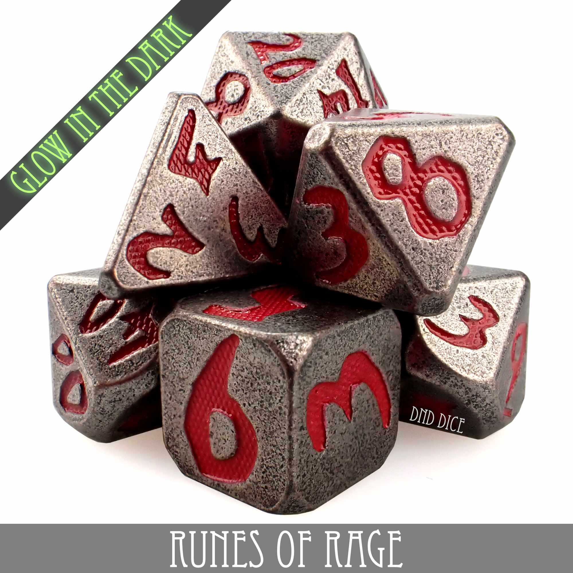 Runes of Rage Glow in the Dark Metal Dice Set