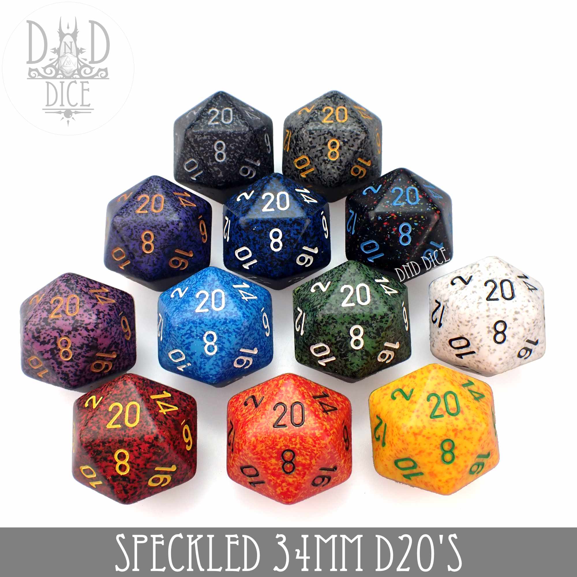 Speckled 34mm D20's (13 Colors)