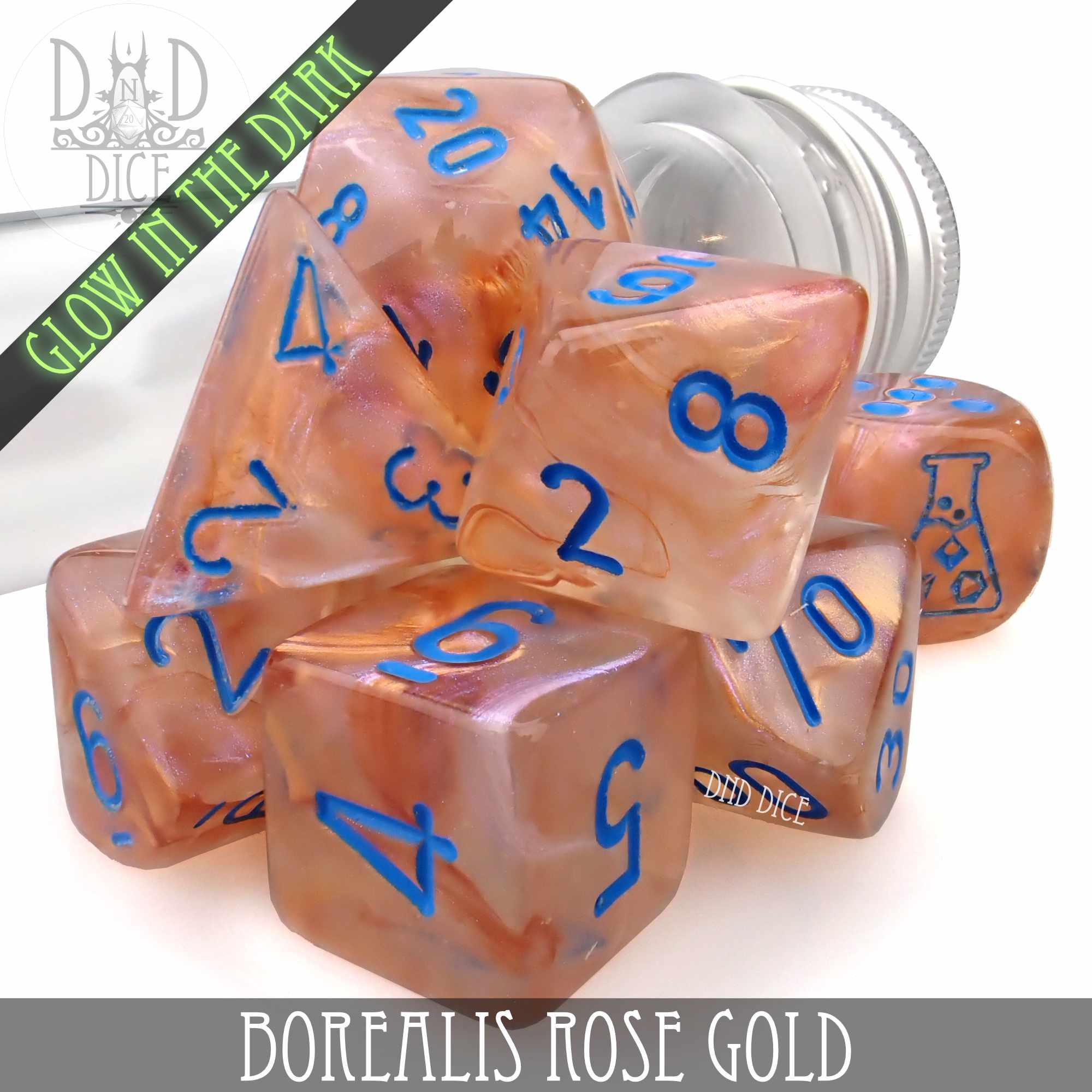 Borealis Rose Gold 8 Dice Set (Lab 5 Glow)