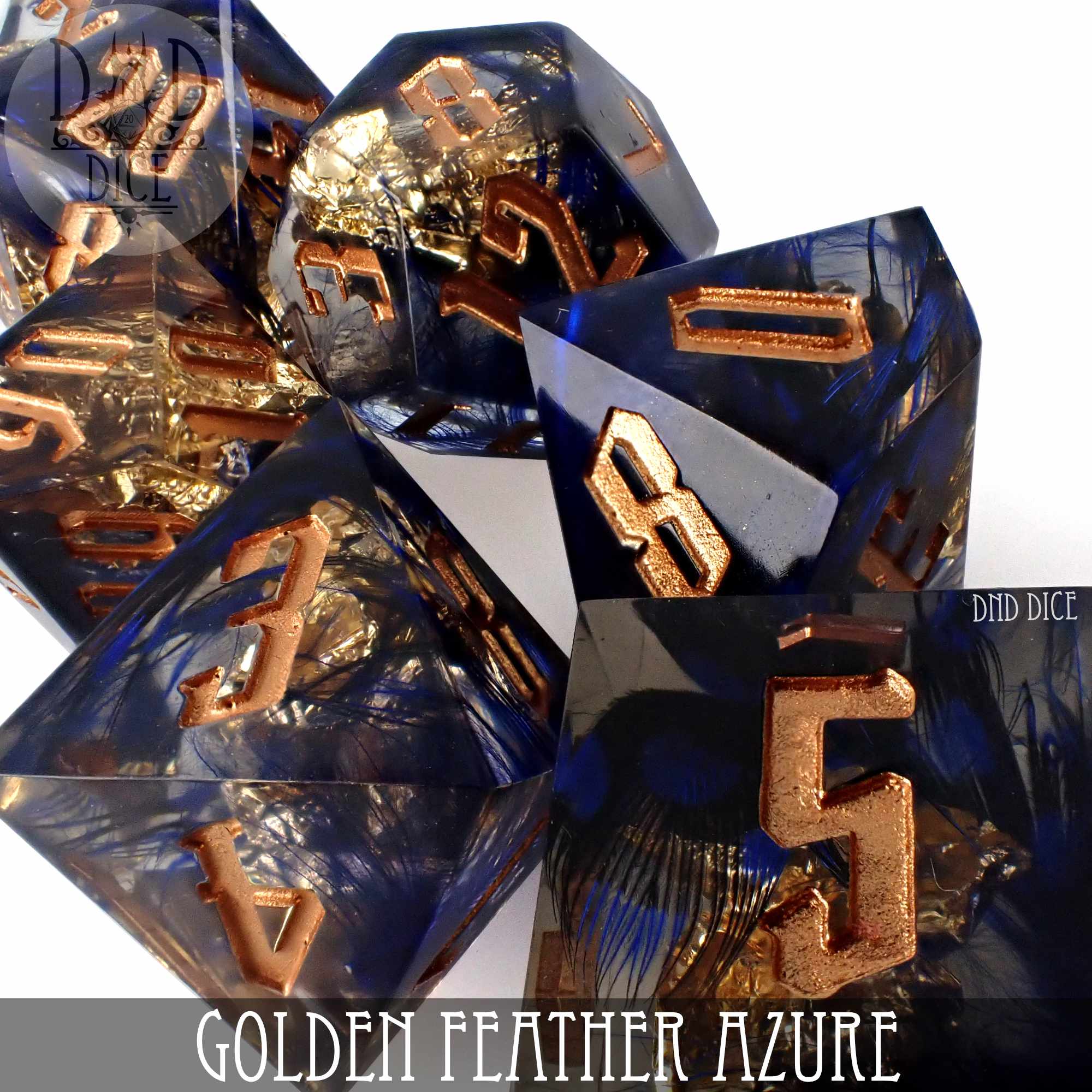 Golden Feather Azure Handmade Dice Set