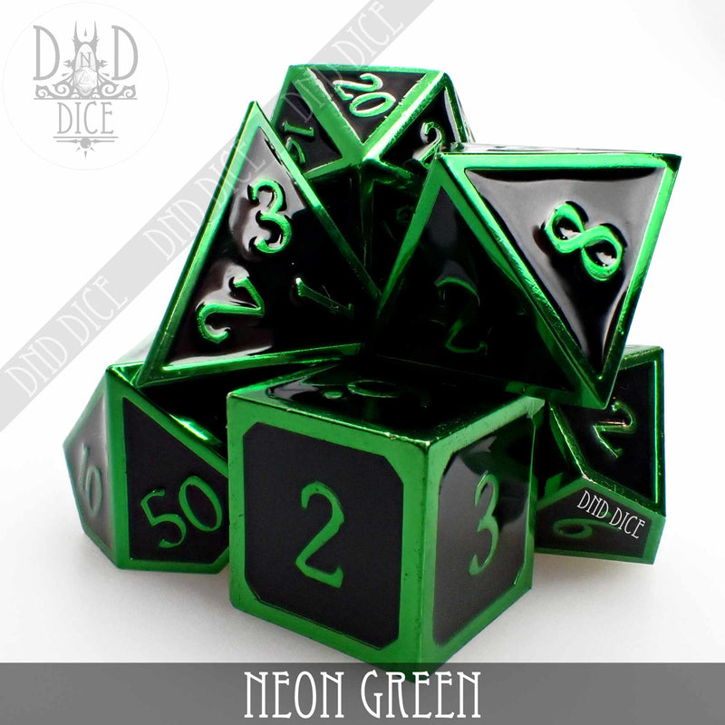 3D Neon Green Metal Dice Set