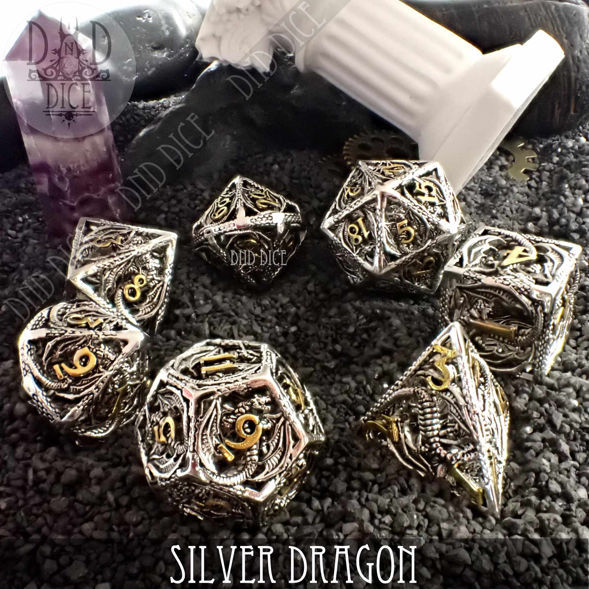 Dragon's Hollow Silver Metal hot DND Dice Set